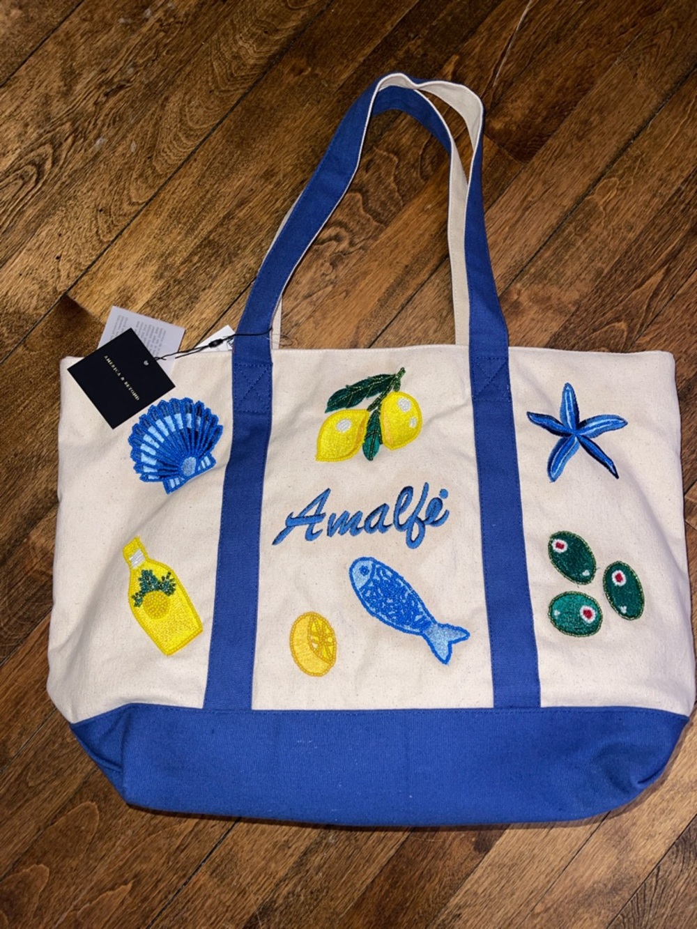 NEW Amalfi Embroidered beaded Canvas Tote with Blue Trim
